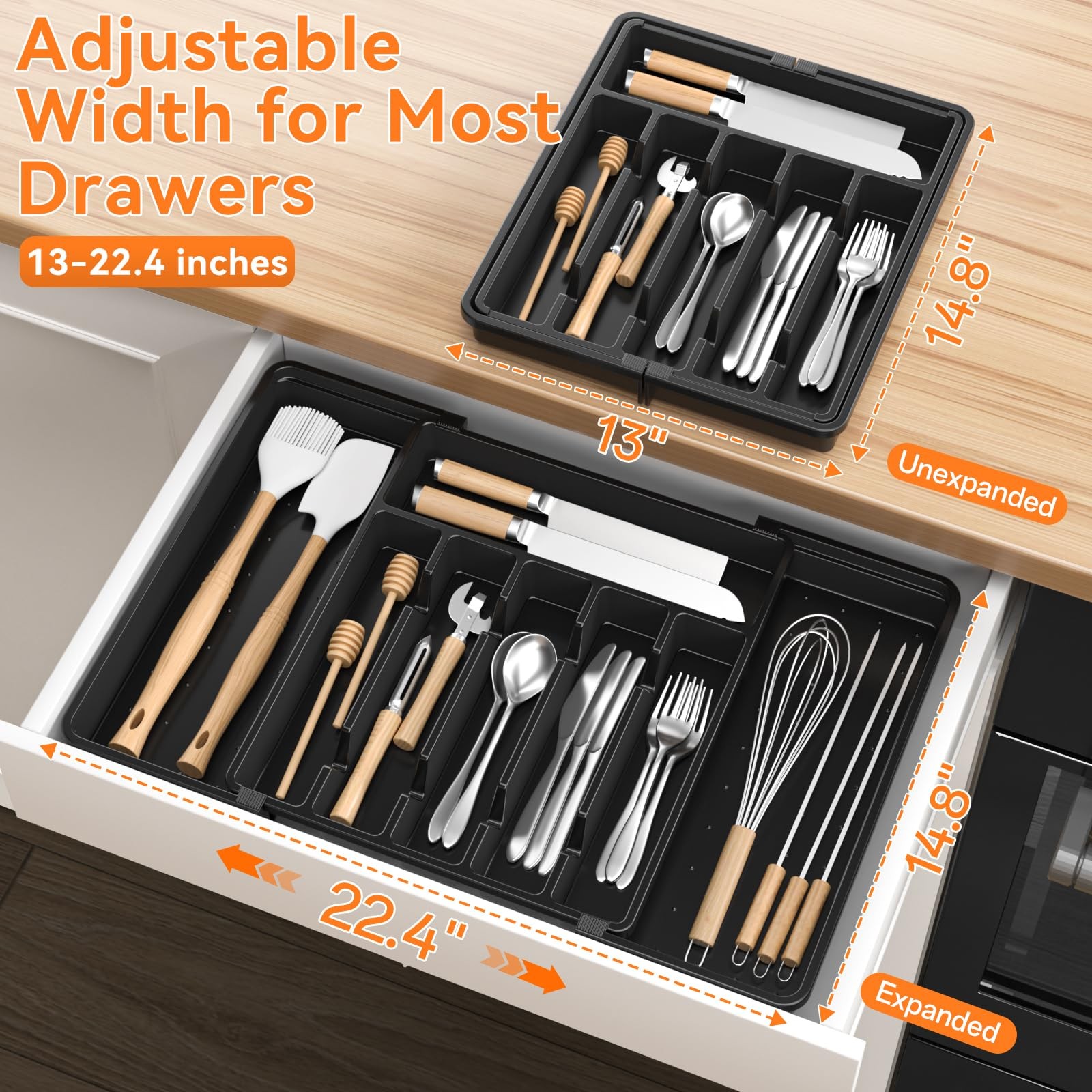 RoomHacks Large Silverware Organizer,Expandable Utensil Drawer Black