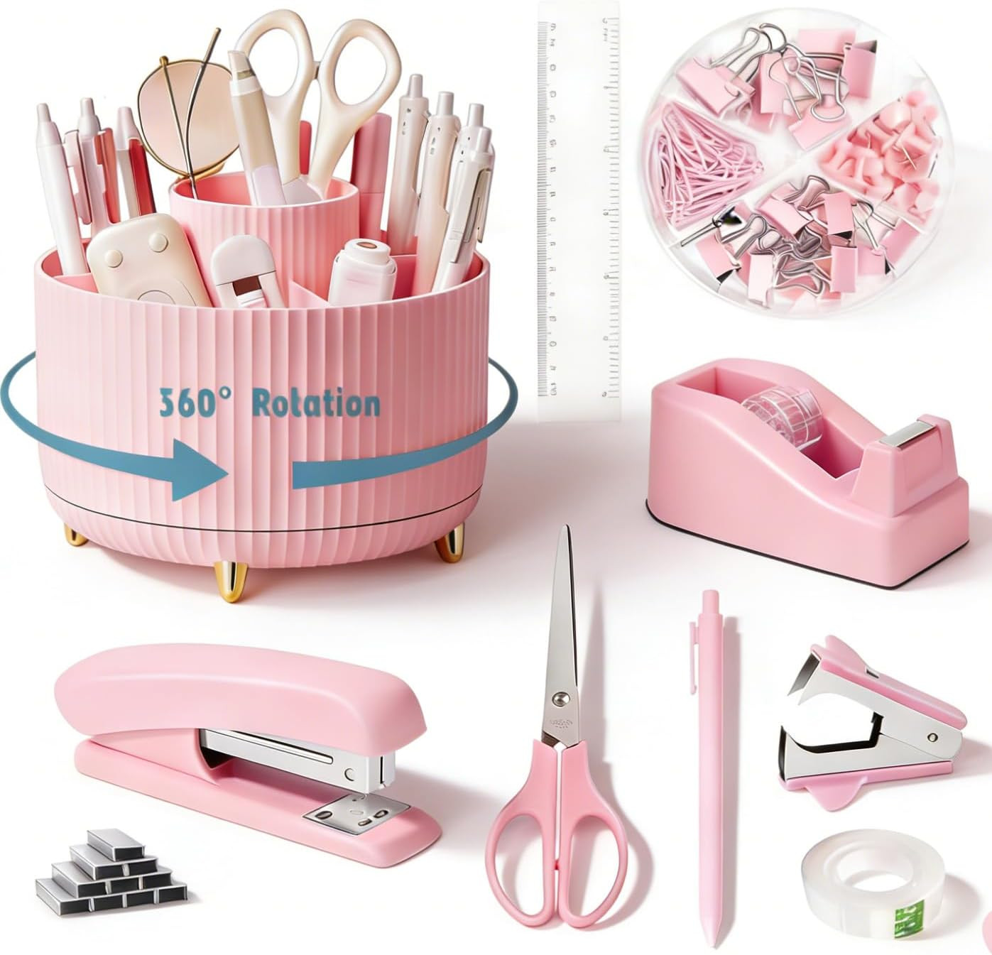Pink Desk Organizers and Accessories Set with 360-Degree Rotating Pen Holder, Ta