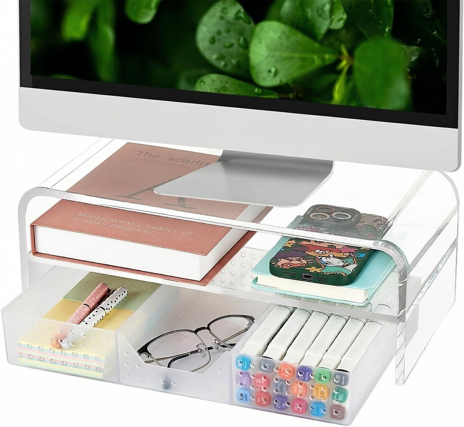 Sleek 2-Tier Acrylic Desk Riser with Drawer for Ultimate Office Organization