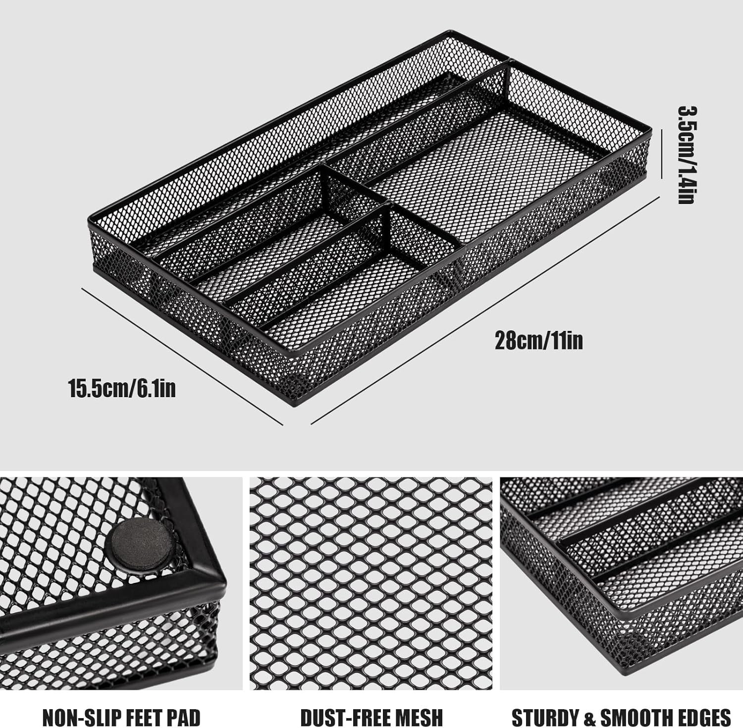 Expandable Desk Drawer Organizer, Mesh Drawer Organizer Tray with 4 Adjustable