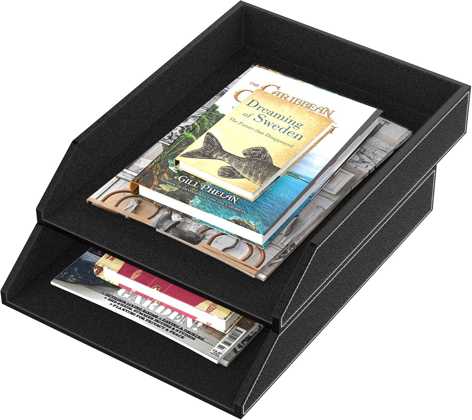 Elegant Black Leather Letter Tray – Stackable Desk Organizer for Office Supplies
