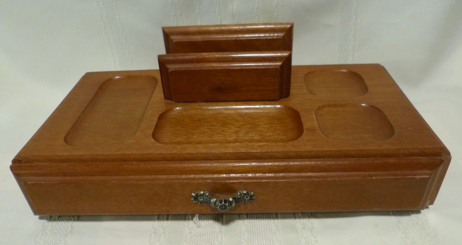 Vintage London Leather Men’s Wood Jewelry Valet Box, MCM, Brass Drawer Pull
