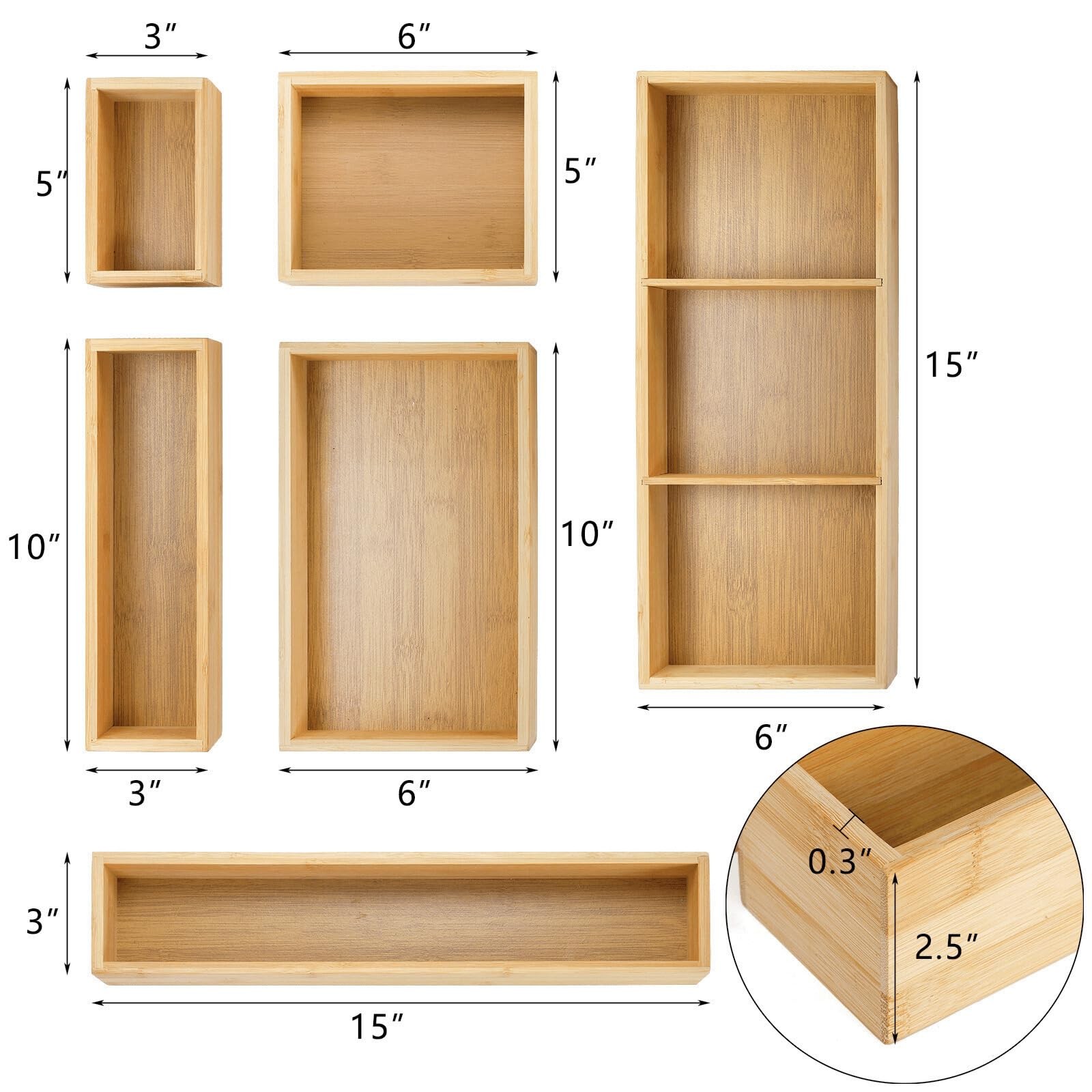 Youeon Set of 6 Bamboo Drawer Organizer Storage Box, Adjustable Natural