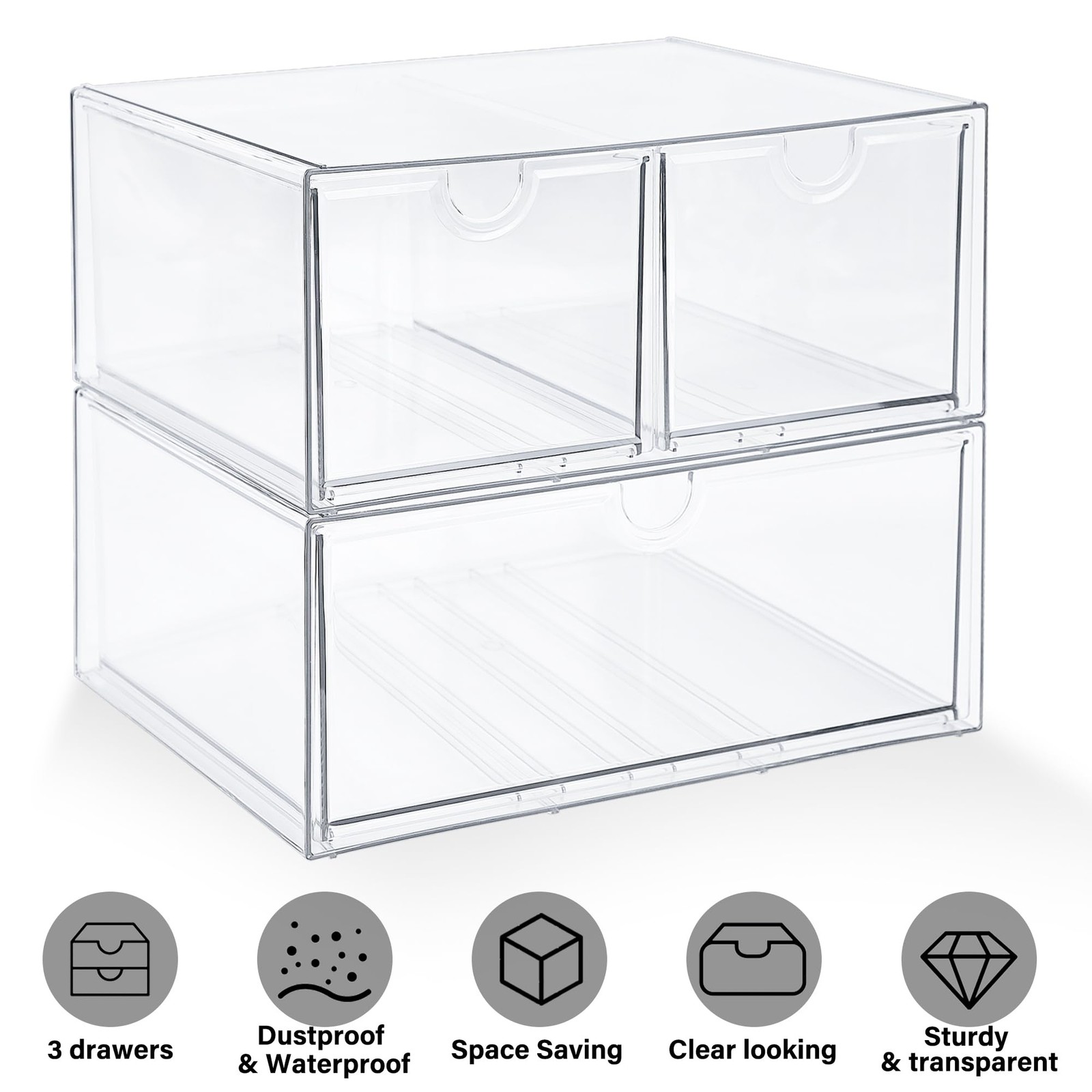 Prsildan Acrylic Drawer Makeup Organizer with 3 Drawers, Clear Stackable Stor…
