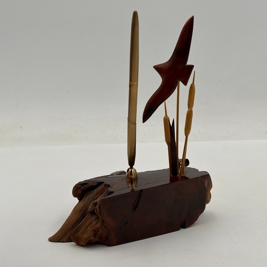 VTG Burl Wood Cattail Bird Desk Organizer Box Brass Pen Holder Mid Century MCM