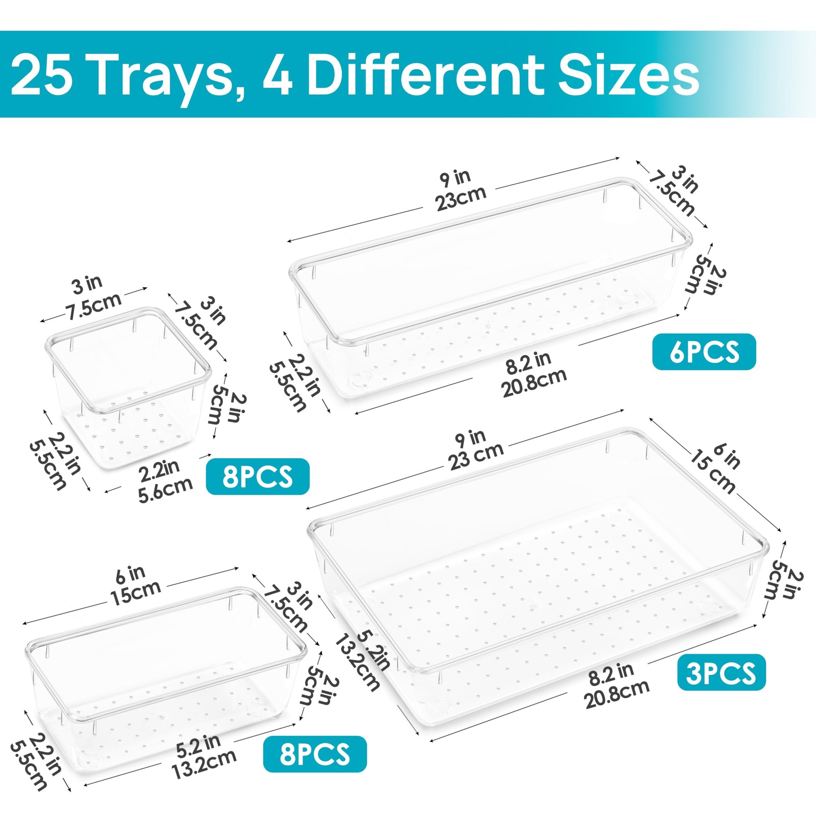 Vtopmart 25 PCS Clear Plastic Drawer Organizers Set, 4-Size Versatile