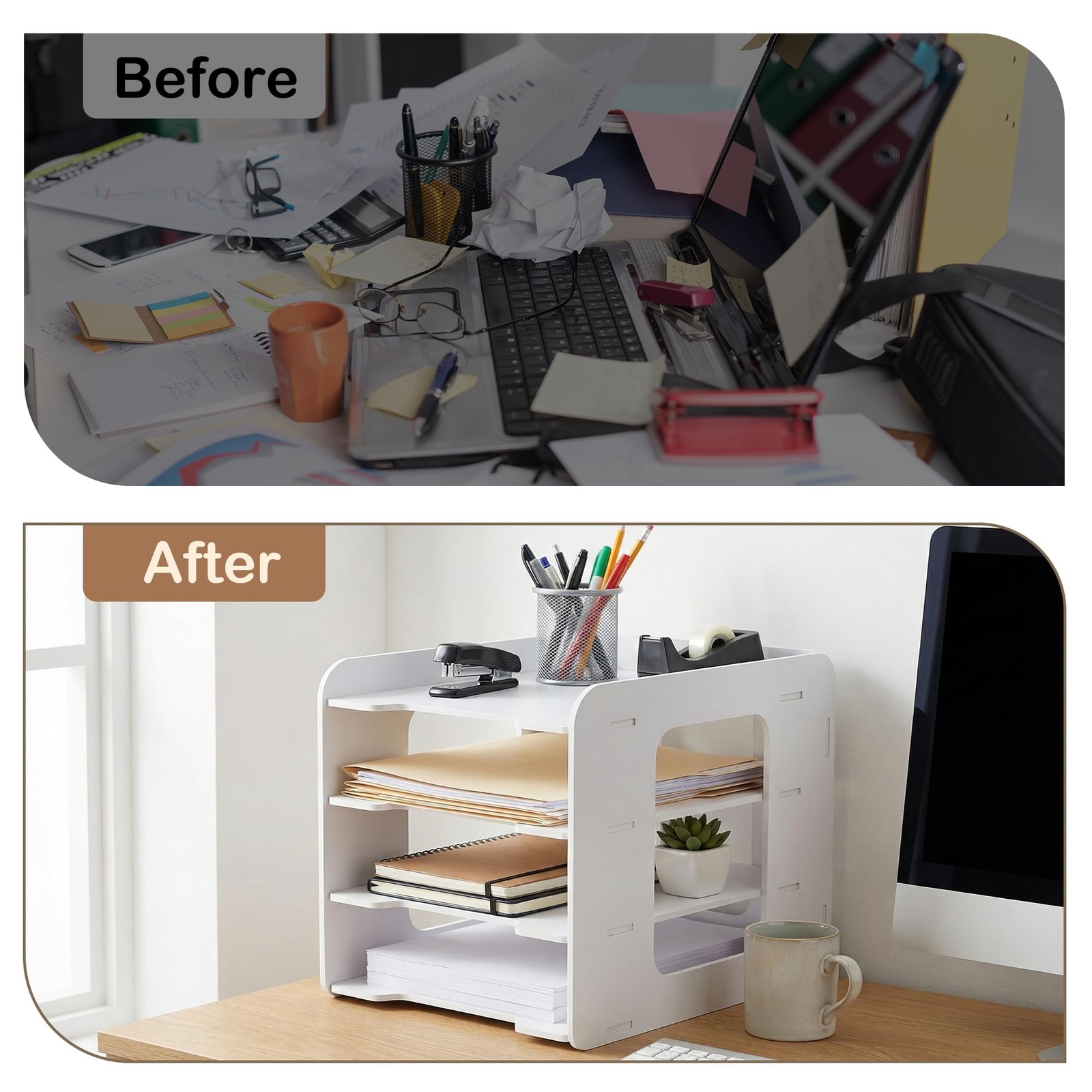 Moontility Desk Organizer, 4-Tier File Organizer for 13″ x 9″ x 9″, White