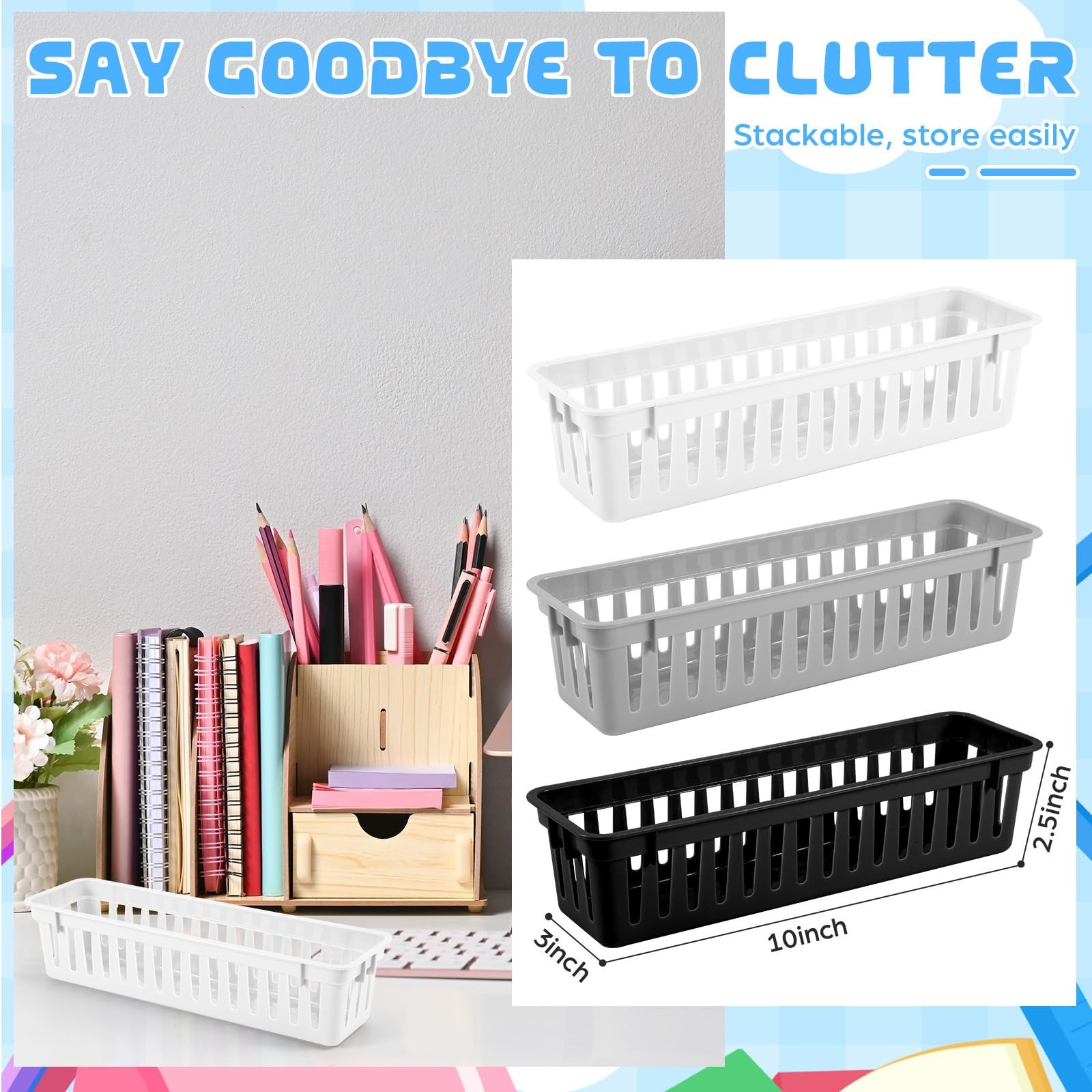 12 Pcs Black,White,Gray Slim Plastic Storage Baskets Tray 10 x 3 x 2.5 Inch C…