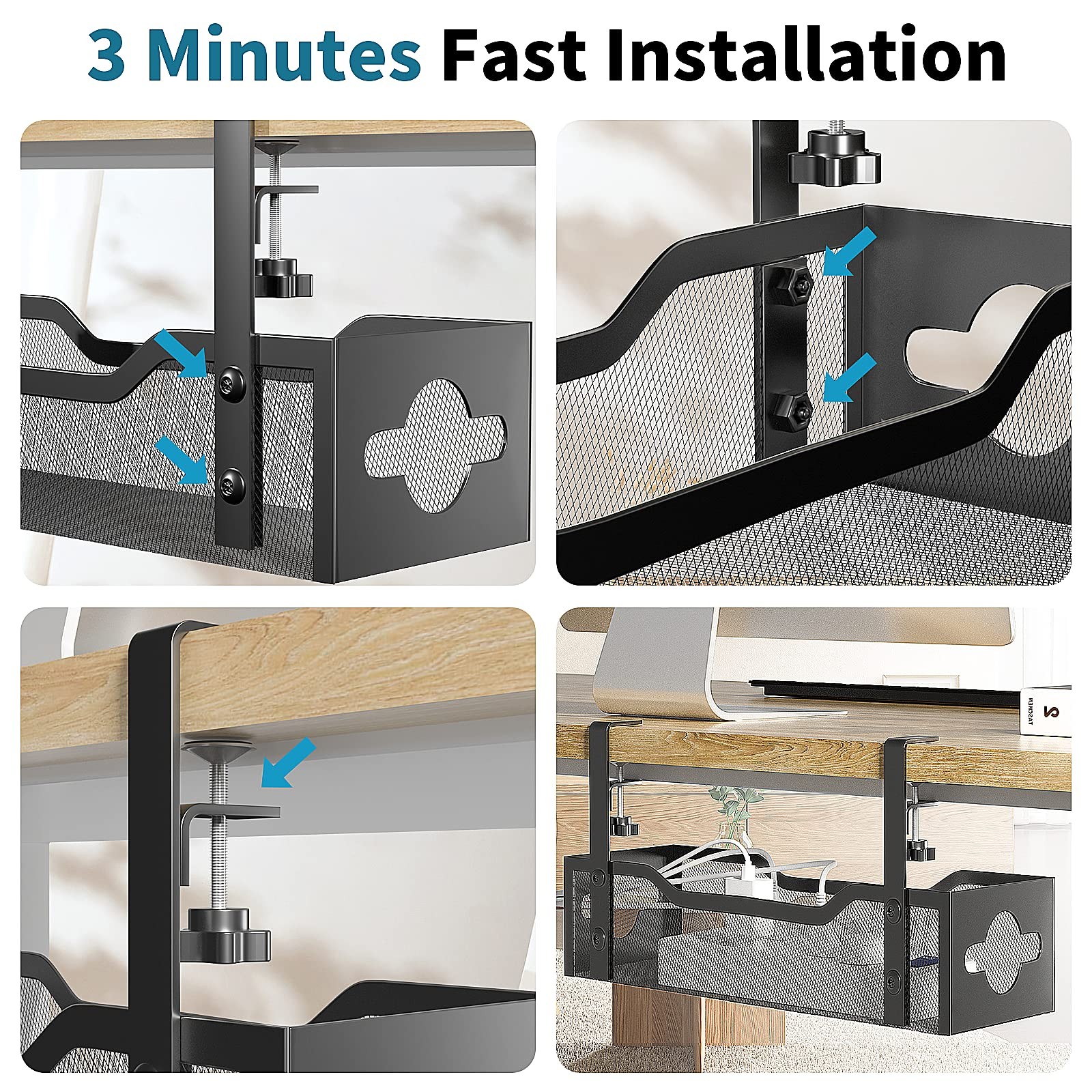 Under Desk Cable Management Tray No Drill, Metal Mesh 13.38″, Black