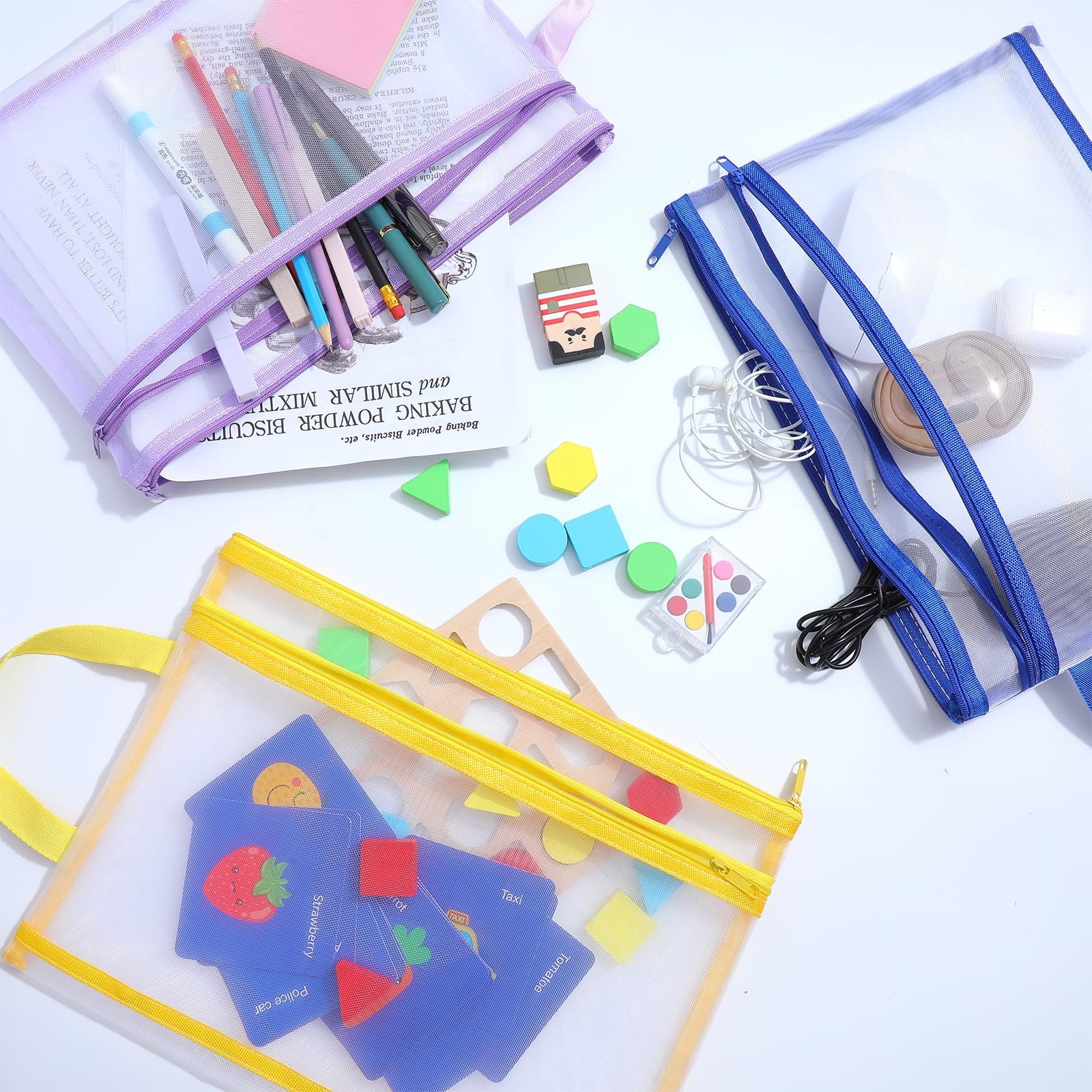 12 PCS Mesh Zipper Pouch Bags DoubleLayer Nylon Document Organizer 6 Colors