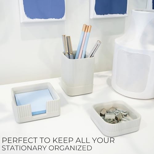 Desk Organizer Set of 3 Concrete Pen Holder Paperclip Sticky Notes Office Gray