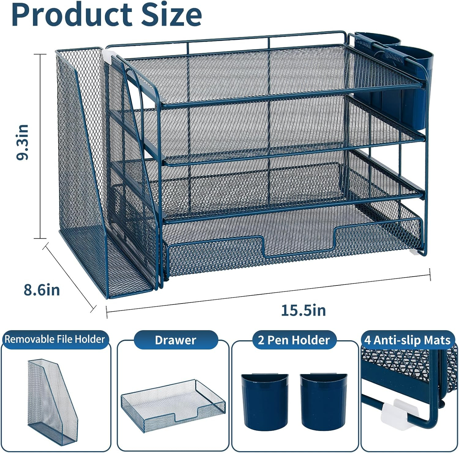 Desk Organizer, 4-Tier Desktop File Organizer with Drawer and 2 Pen Holders, Off
