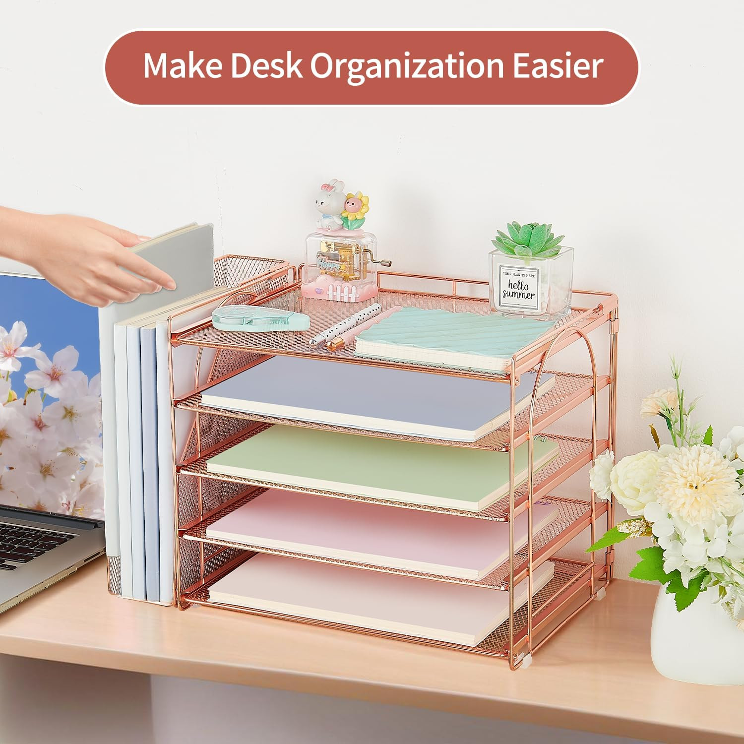 Rose Gold Desk Accessories Organizer,5-Tier Desktop Paper File Organizer with Ad