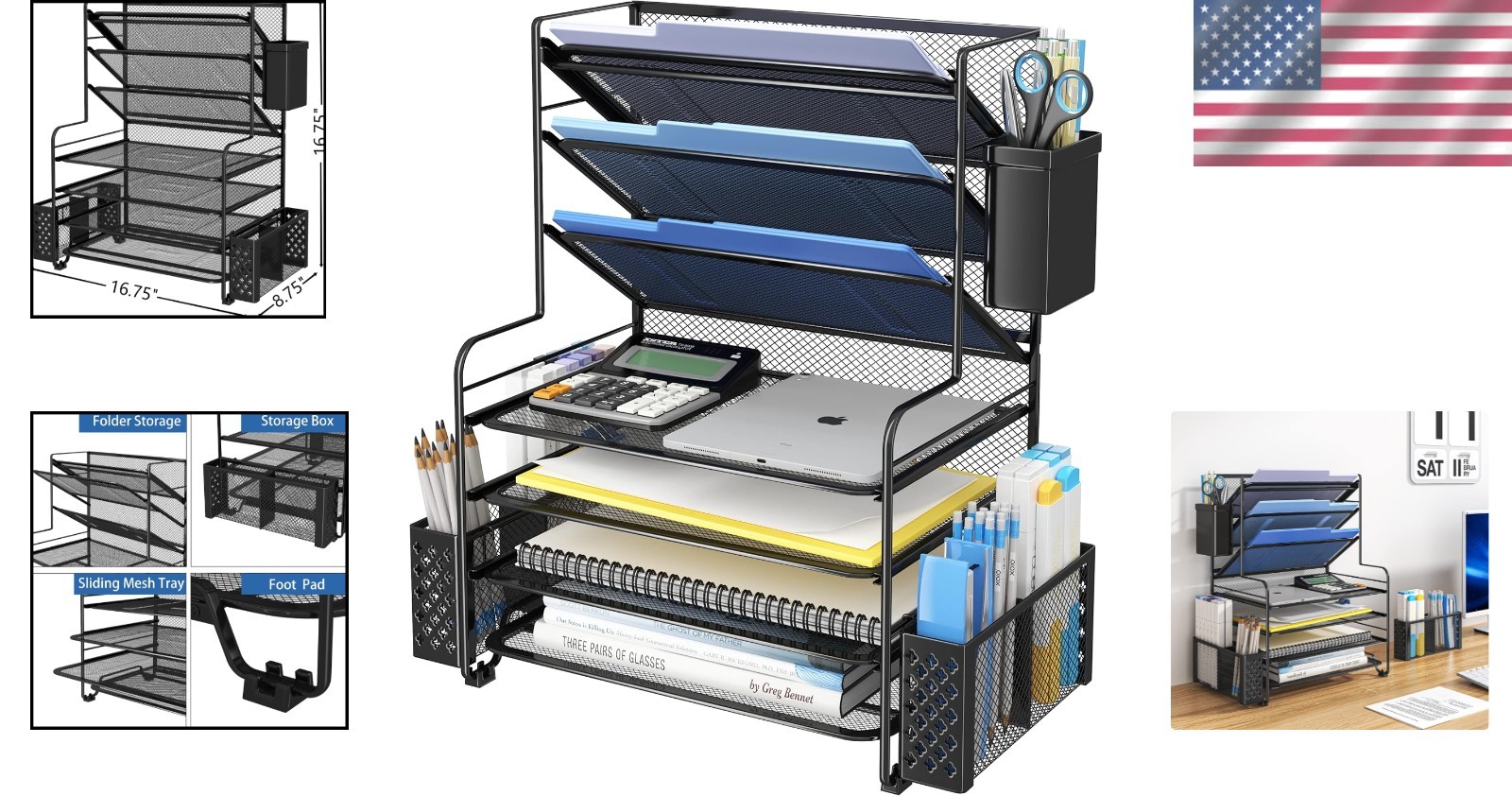 Stylish 7-Tier Paper Organizer with Pen Box & Metal Mesh for Elegant Workspaces