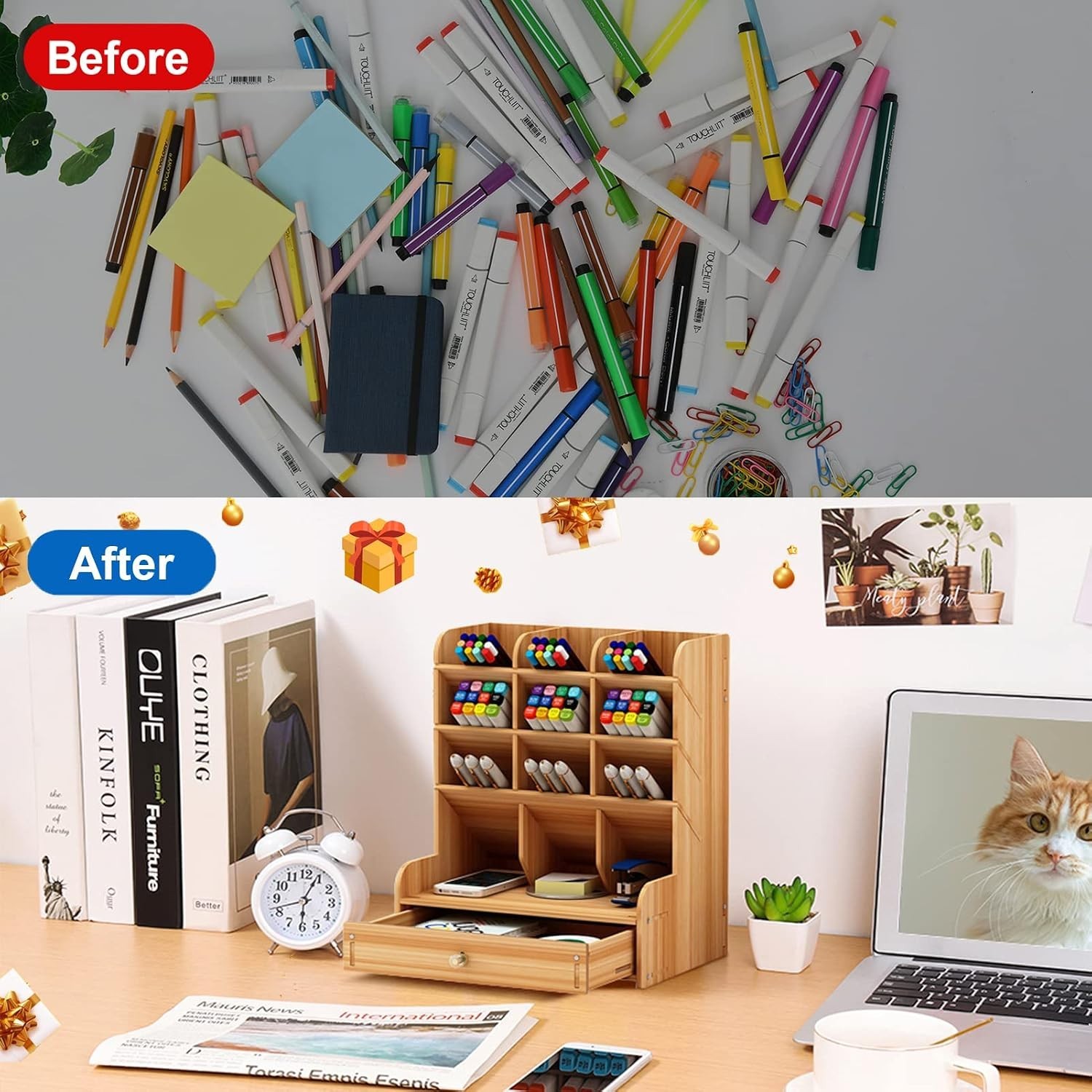 Multi-Functional DIY Wooden Desk Organizer with Drawer – Perfect for Home Office