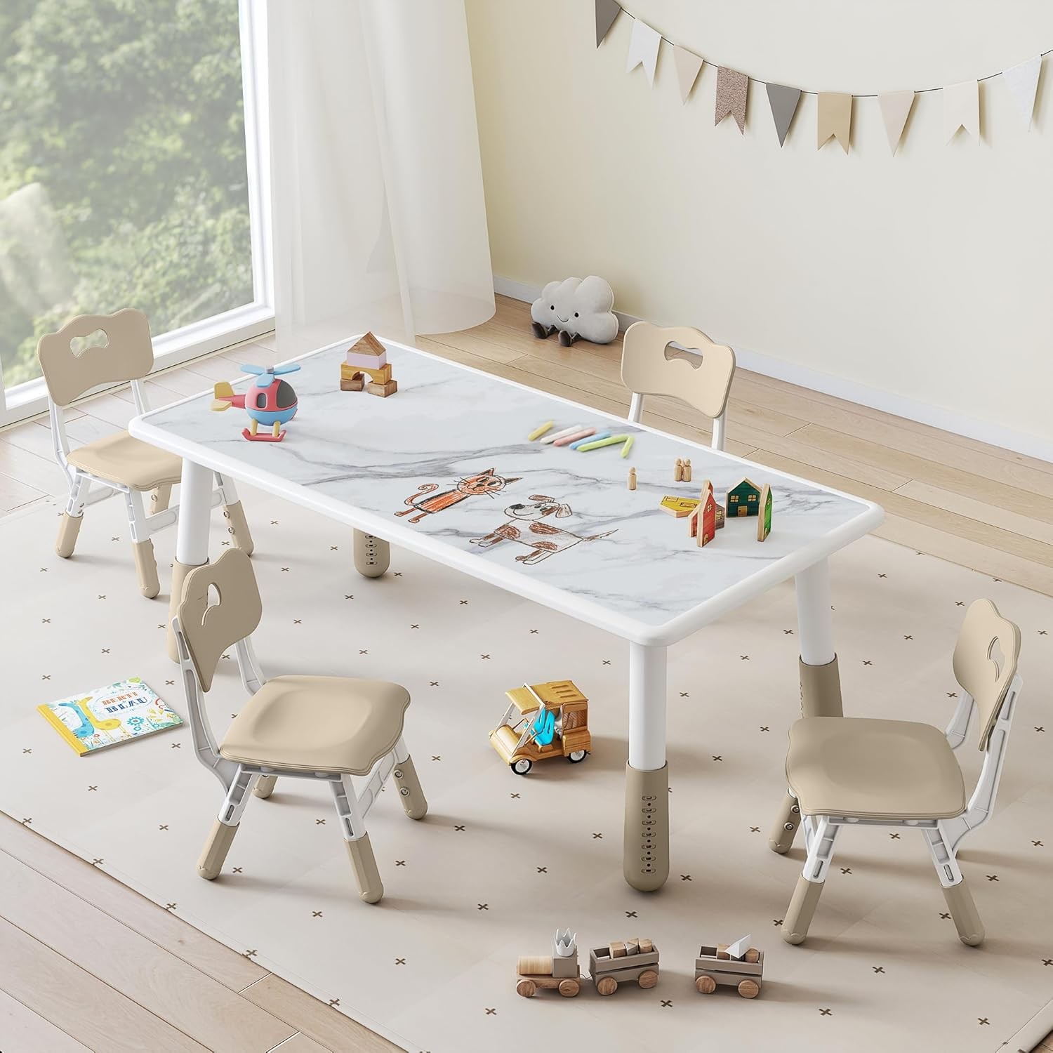 Toddler Table and 4 Chairs Set, Height Adjustable Kids Table and Chairs,