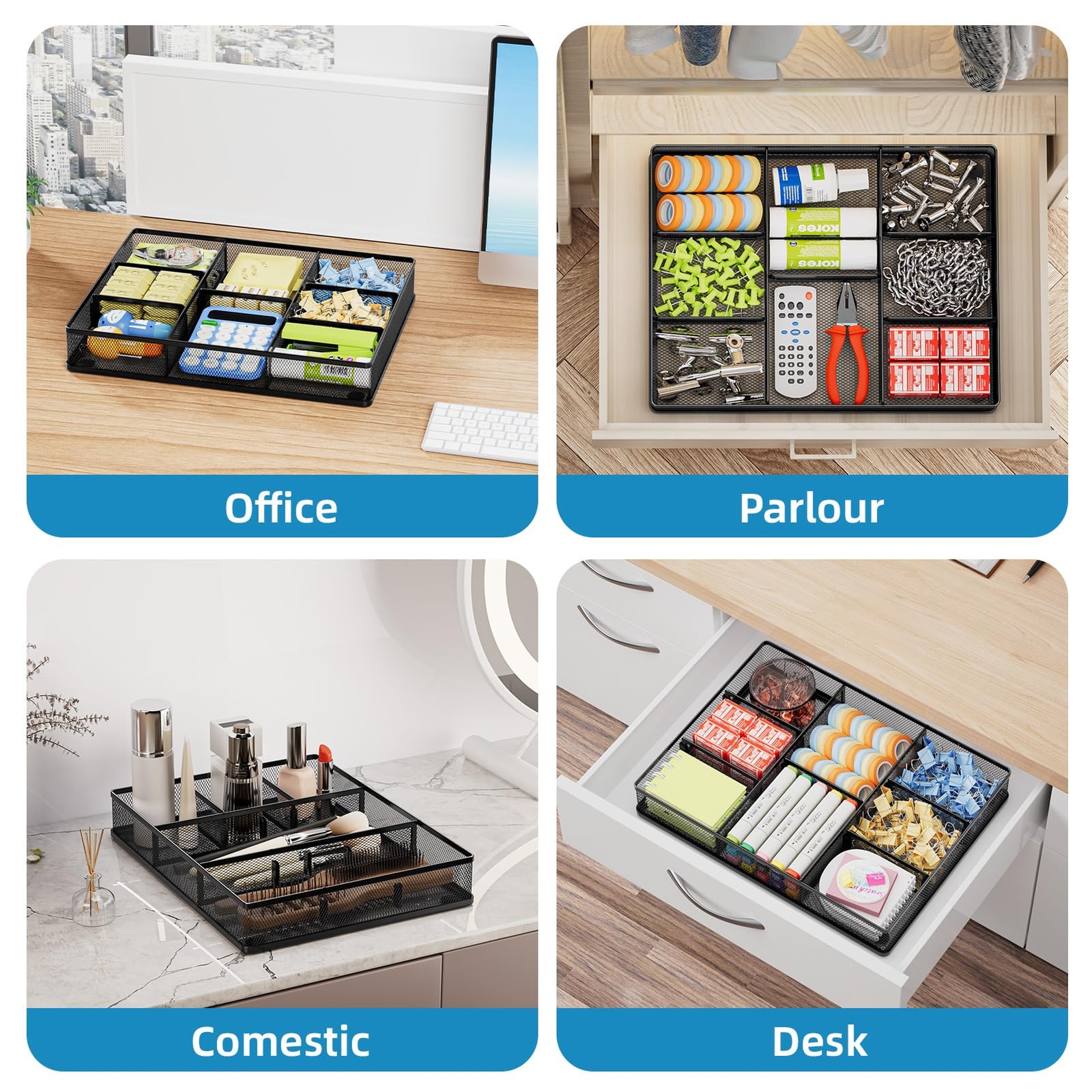 Marbrasse Desk Drawer Organizer, Metal Mesh 12 x 8.5 x 1.8 inches, Black