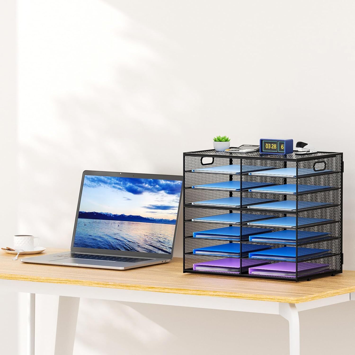 14 Compartment Desktop Paper Organiser, Mesh File Organiser, Black