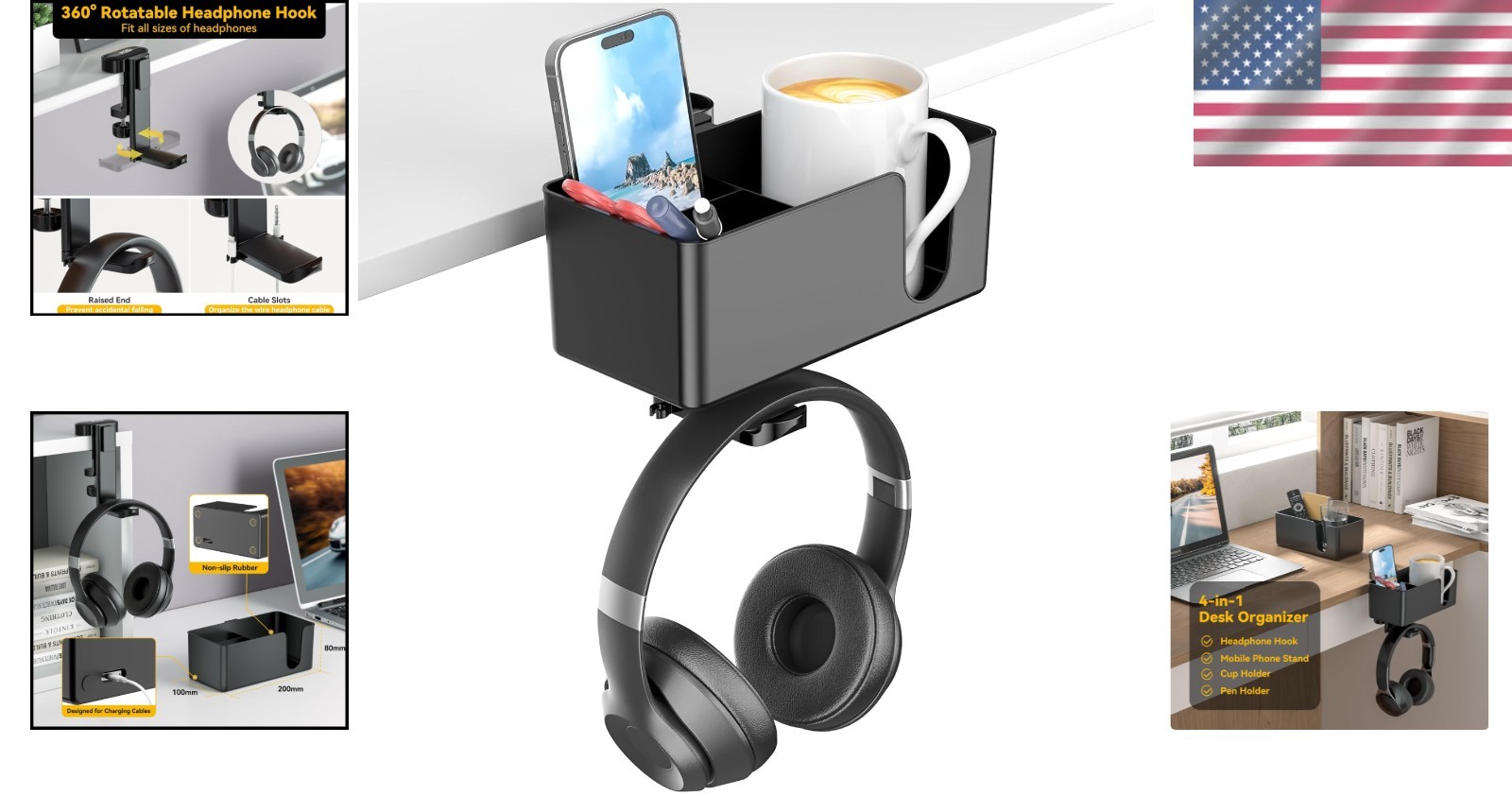 4 in 1 Black Desk Cup Holder & Rotating Headphone Hanger – Space-Saving Design