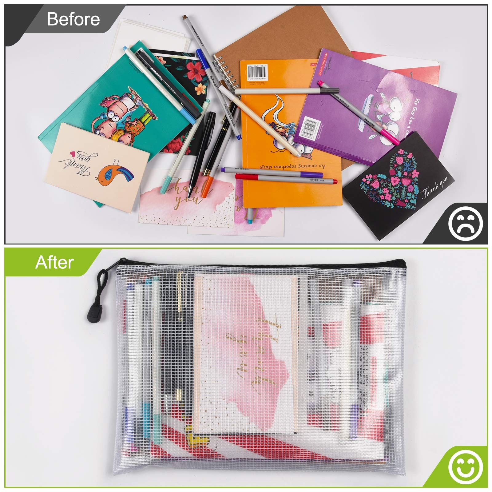 6 PCS A5 Mesh Zipper Pouch Waterproof Plastic Zip Document File Bags