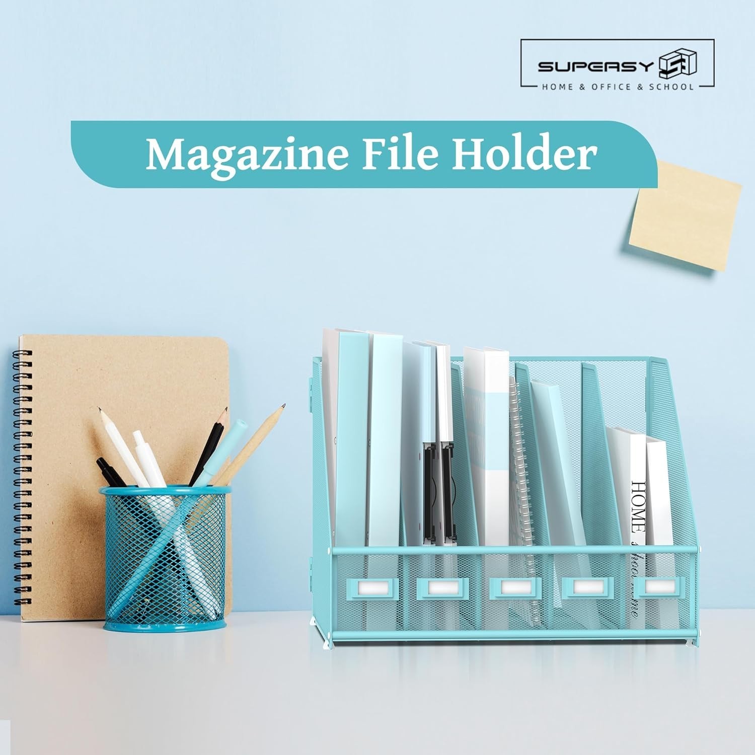 Metal Desk File Holder 5 Compartments Magazine Organizer Rack Blue