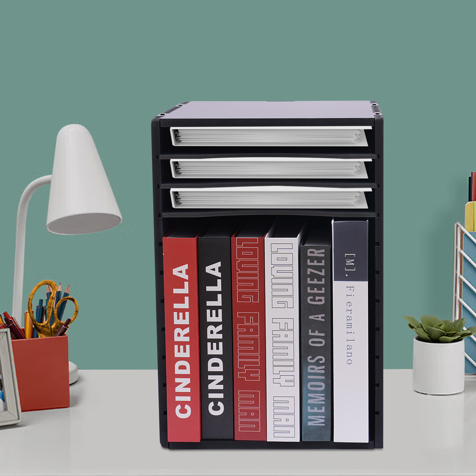 Vertical Desktop Organizer, 11 Compartment, Black, Letter-size Shelves