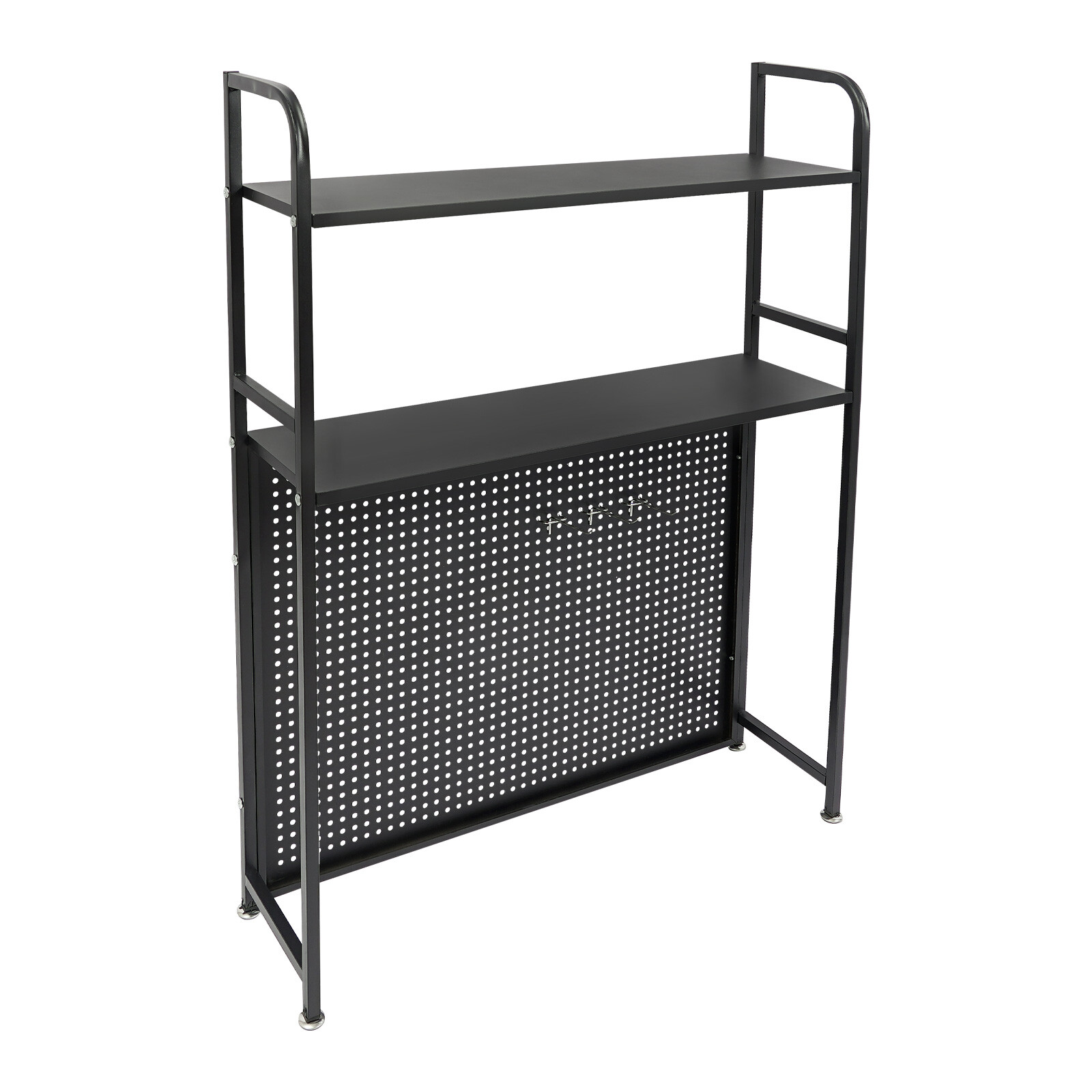 2-Tier Desktop Storage Rack with 3 Hooks, Black Carbon Steel Tabletop Shelf