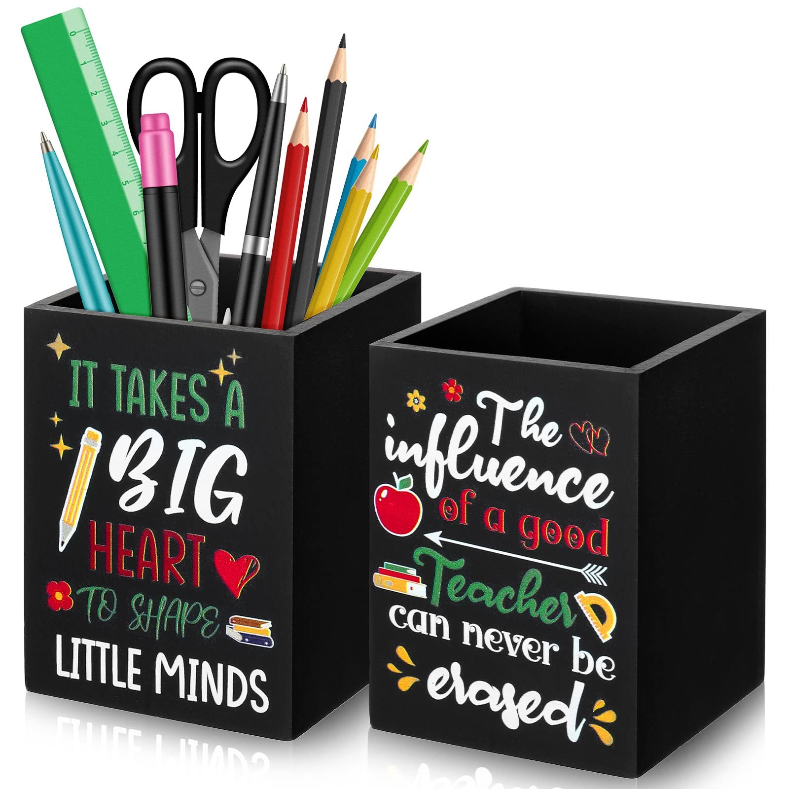 Teling 2 Pcs Teacher Wooden Pencil Holder for Desk Desktop Organize Black