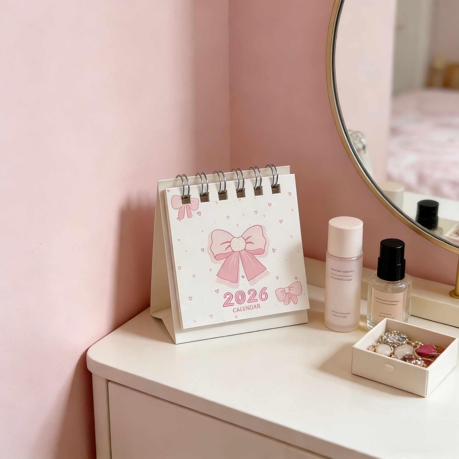 Pink Small Desk Calendar 2026 Standing Flip, Mini Cute Small, And White