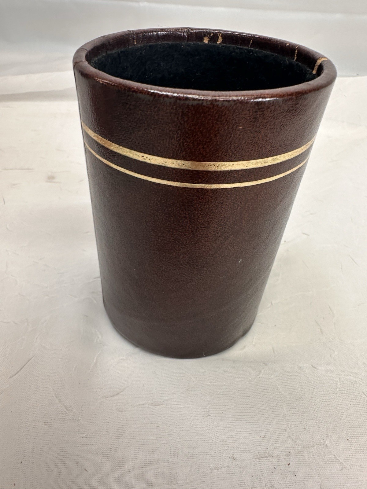 Vtg MCM Brown Gold Leather Pen Holder Pencil Cup Felt Bottom Desk Organizer