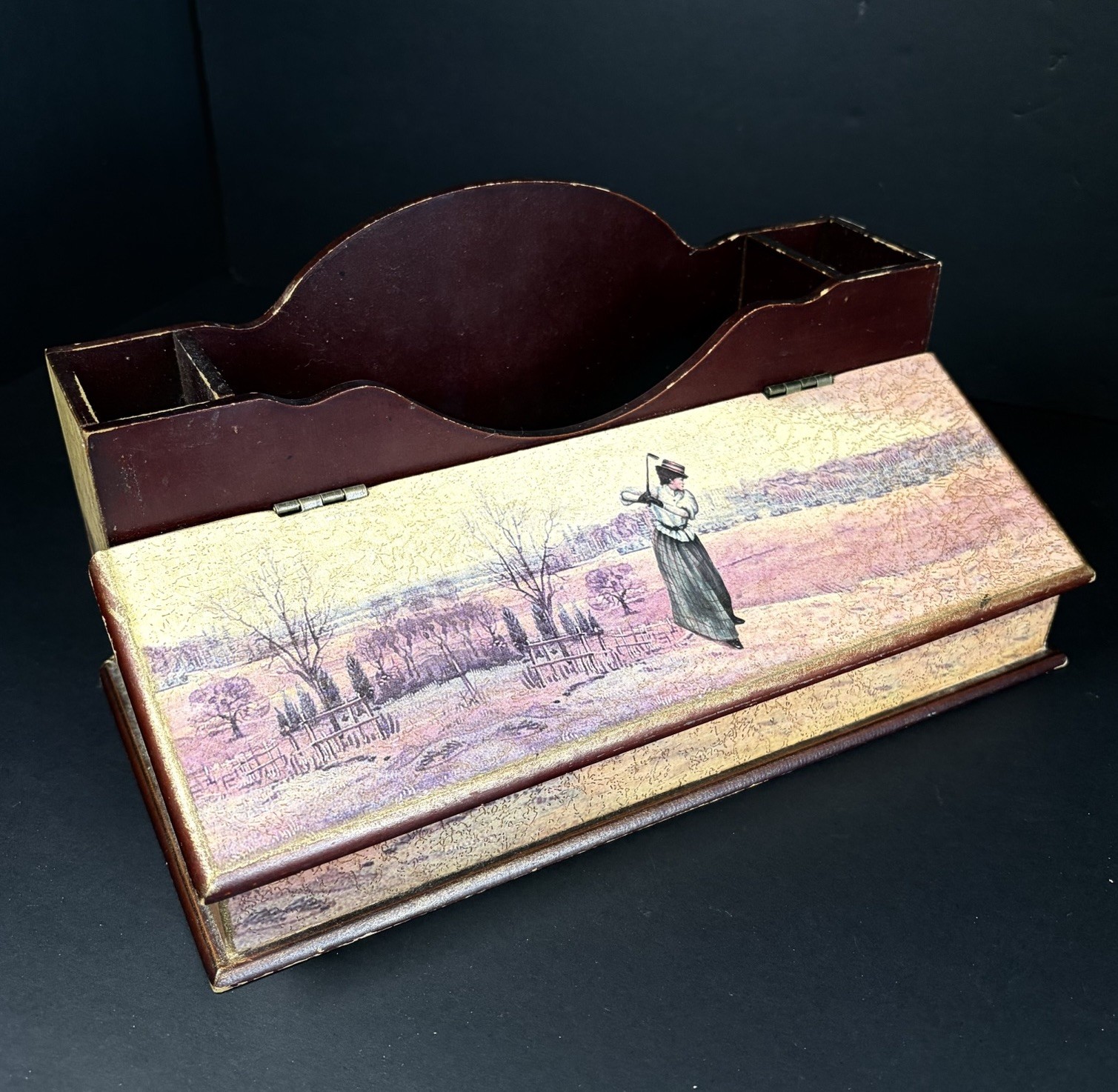 Vintage Woman Golfer Desk Organizer Mail Papers Letters Pens Holder Storage Box