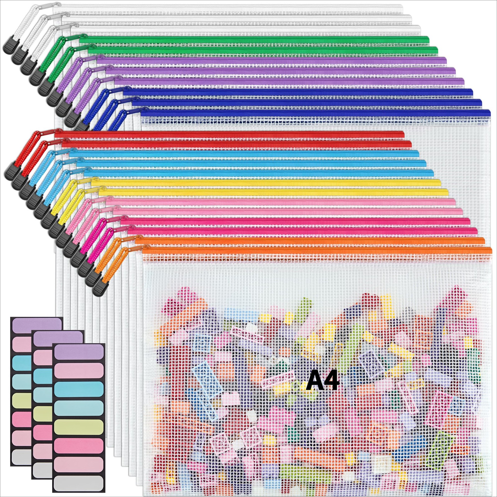 A4 Letter Size 24 Pack 10 Colors Zipper Mesh Document Pouch, Mesh Bags for Bo…