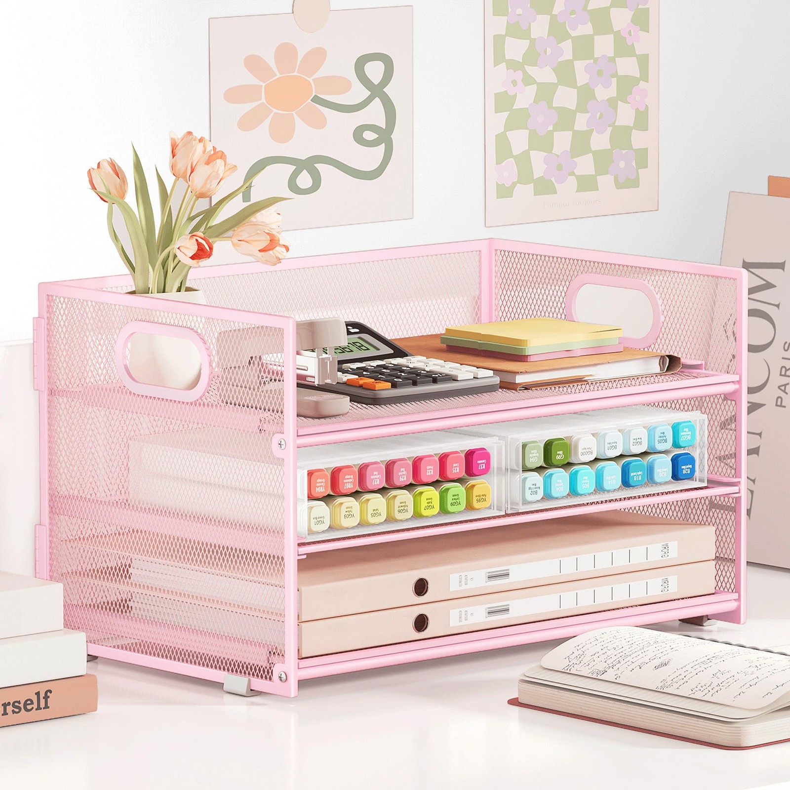 1 Set 3 Tier Paper Letter Tray Organizer Desk Mesh Sorter Pink