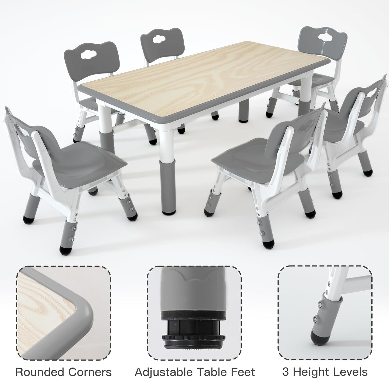 Kids Table and 6 Chairs Set，Height Adjustable Children Table & Chair