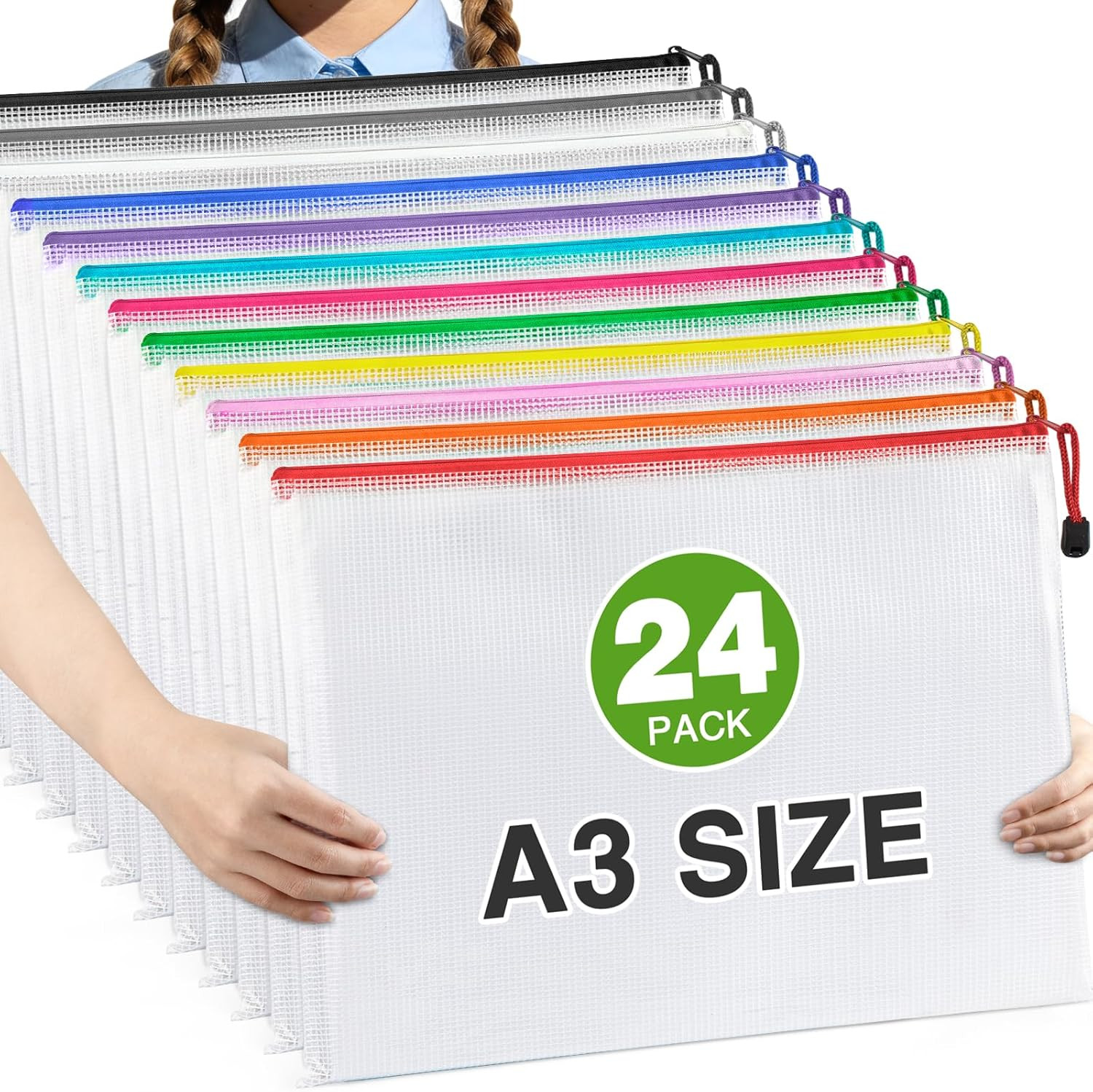 Umriox 24 Pack 12 Colors Zipper Pouches for Organizing, A3 Size (16.9 X 12.4), B