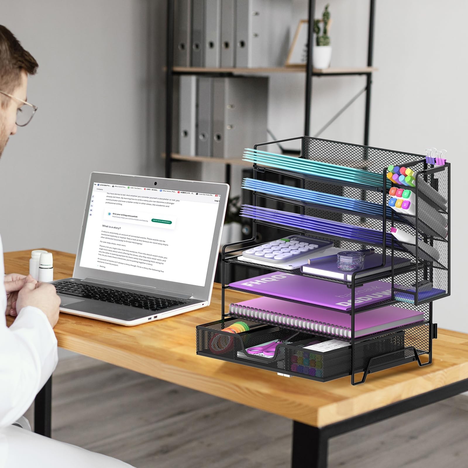 ReePlan 4 Tier Desk Organizer + 3 Tier File Holder + 4 Pen Holders + Drawer, …