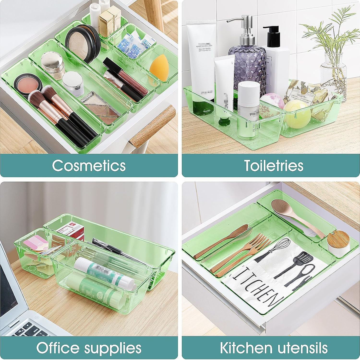 Plastic Drawer Organizer Set 25 Pcs Clear Green 4 Sizes Storage Bins