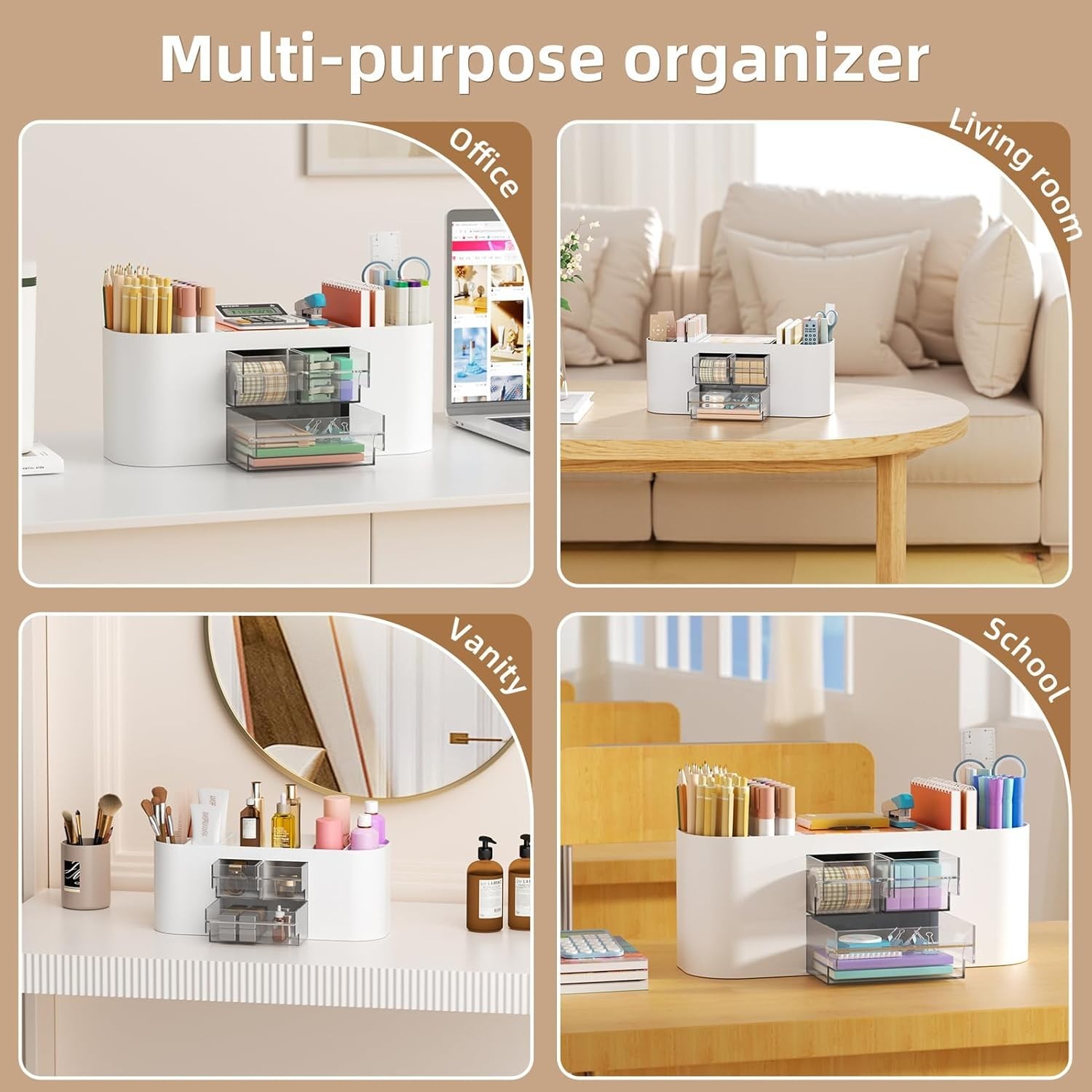 Desk Organizer Pen Holder for Desk with 3 Drawers, Multi-Functional Pencil Holde