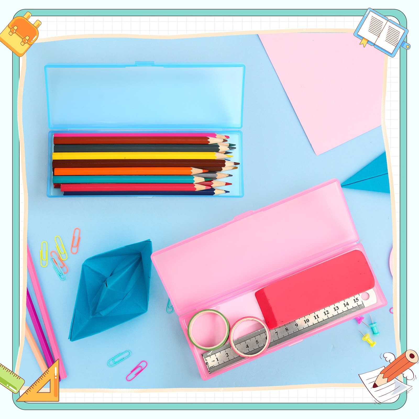 30 Pack Pencil Plastic Pencil Case Bulk 7.2 x 2.4 x 0.9 Inches Pink Blue Pen …