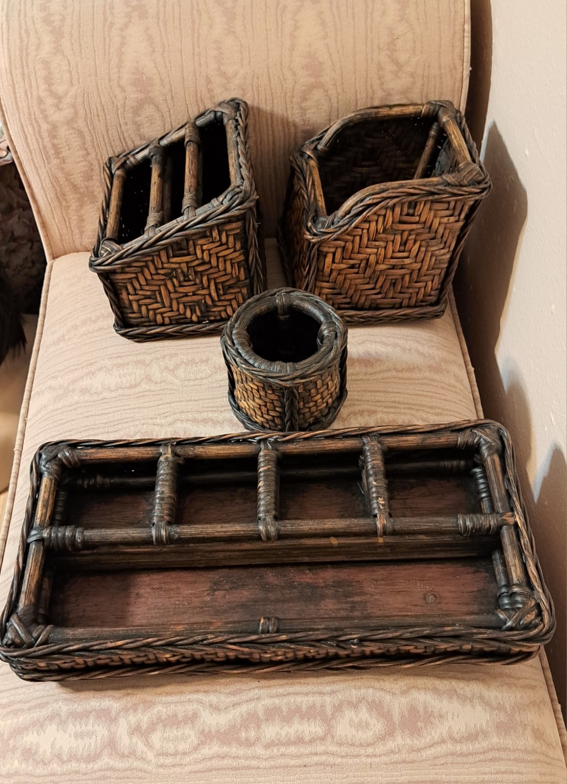 Vintage 4 Pc Woven Bamboo Rattan Wicker Desk Organizer Set Pencil Letter Boho