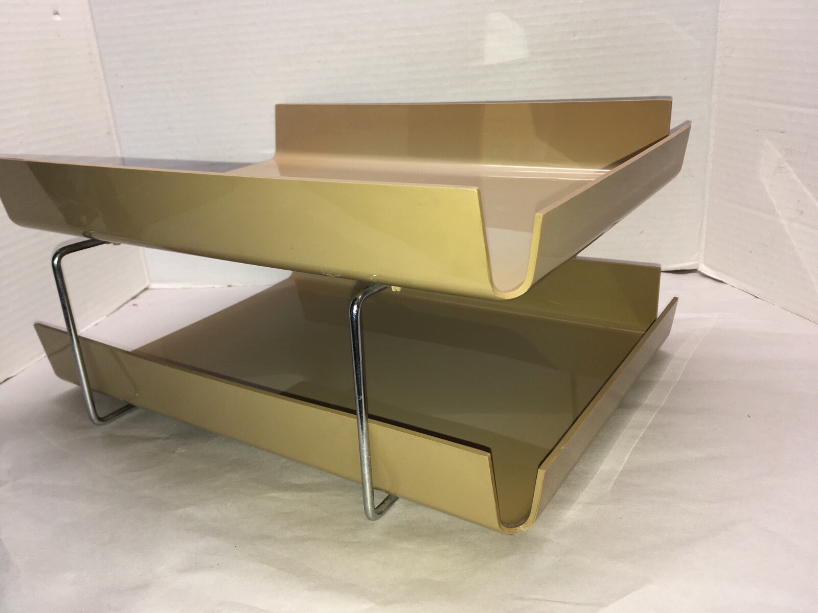 Vtg McDonald Duk-It Beige Plastic Chrome 2-Tier In Out Desk Tray Organizer MCM