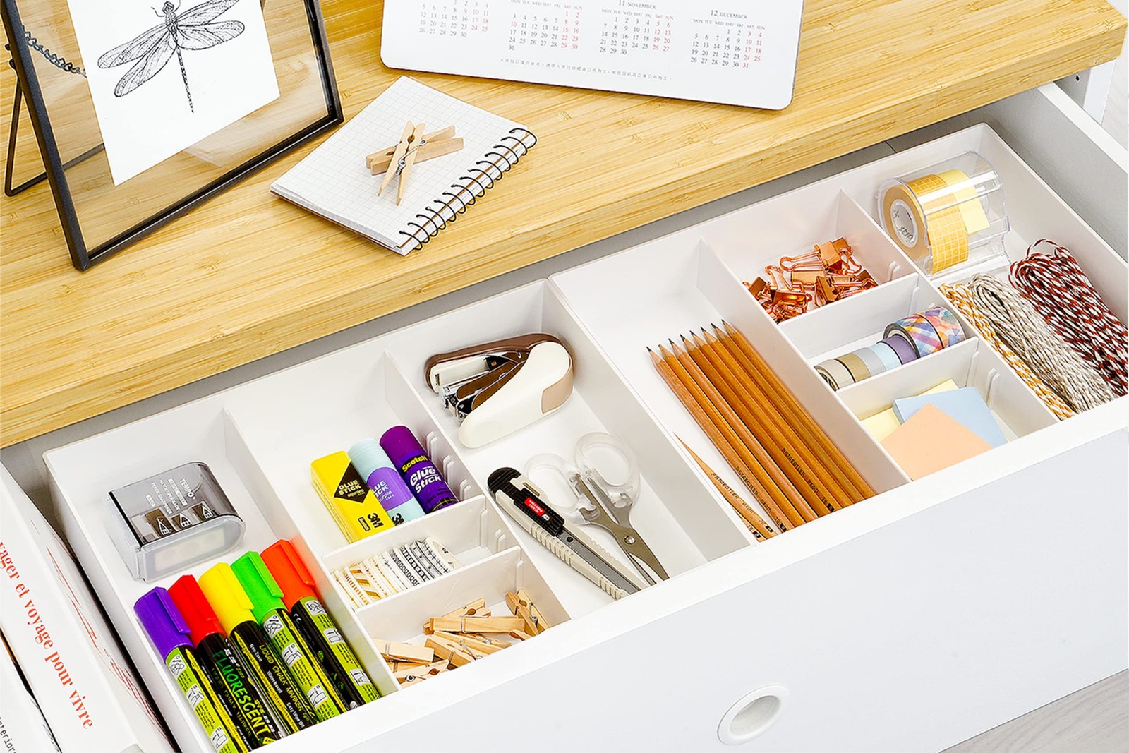 2PK – 3 Slot Drawer Organizer with Two Adjustable Dividers – 5 Compartments D…