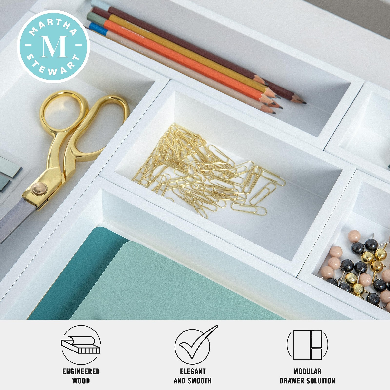 Martha Stewart Enzo Wooden Desk Drawer Organizer Set, Set of 1, White