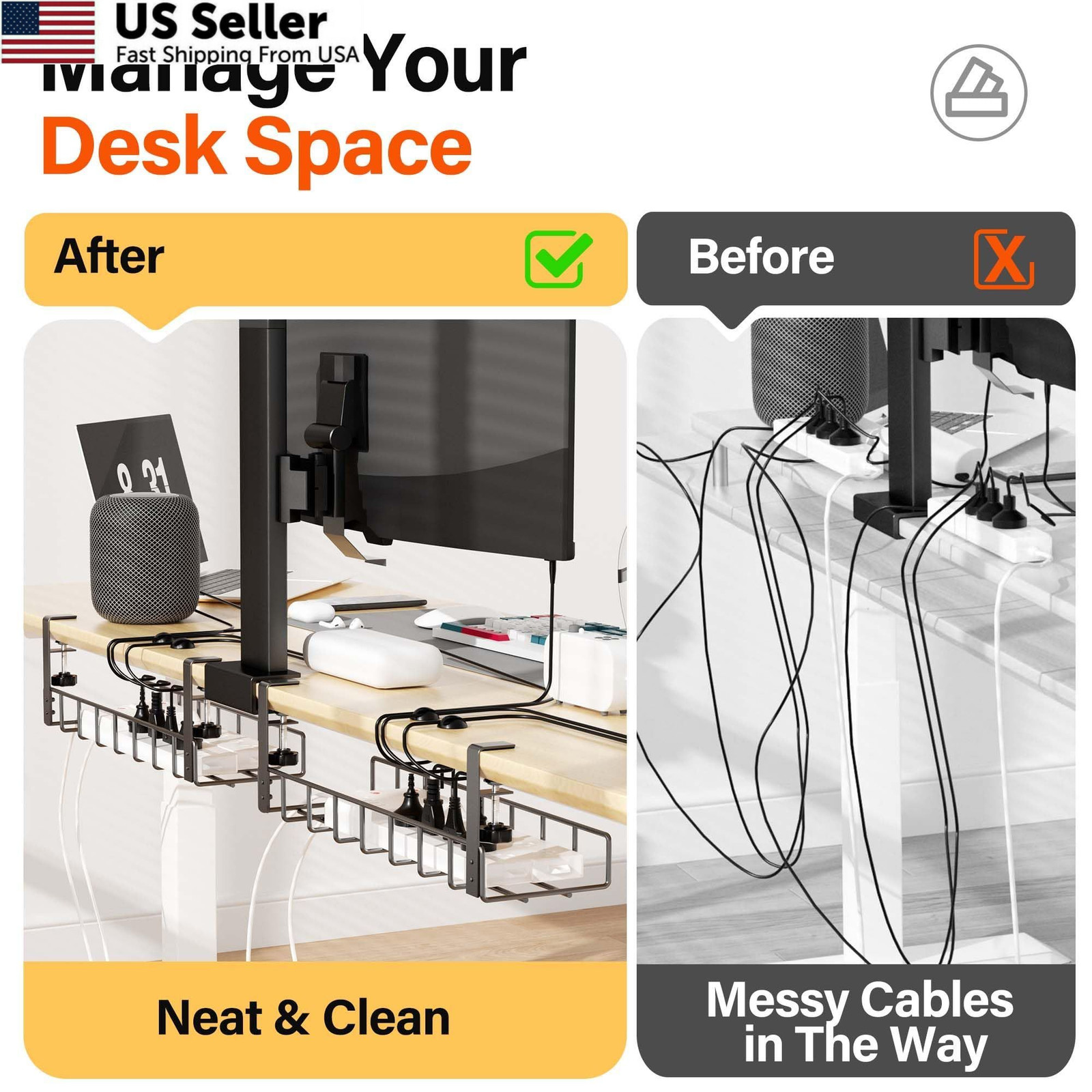 Xpatee 2 Pack Cable Management Under Desk Tray, 2 (Standard), Black