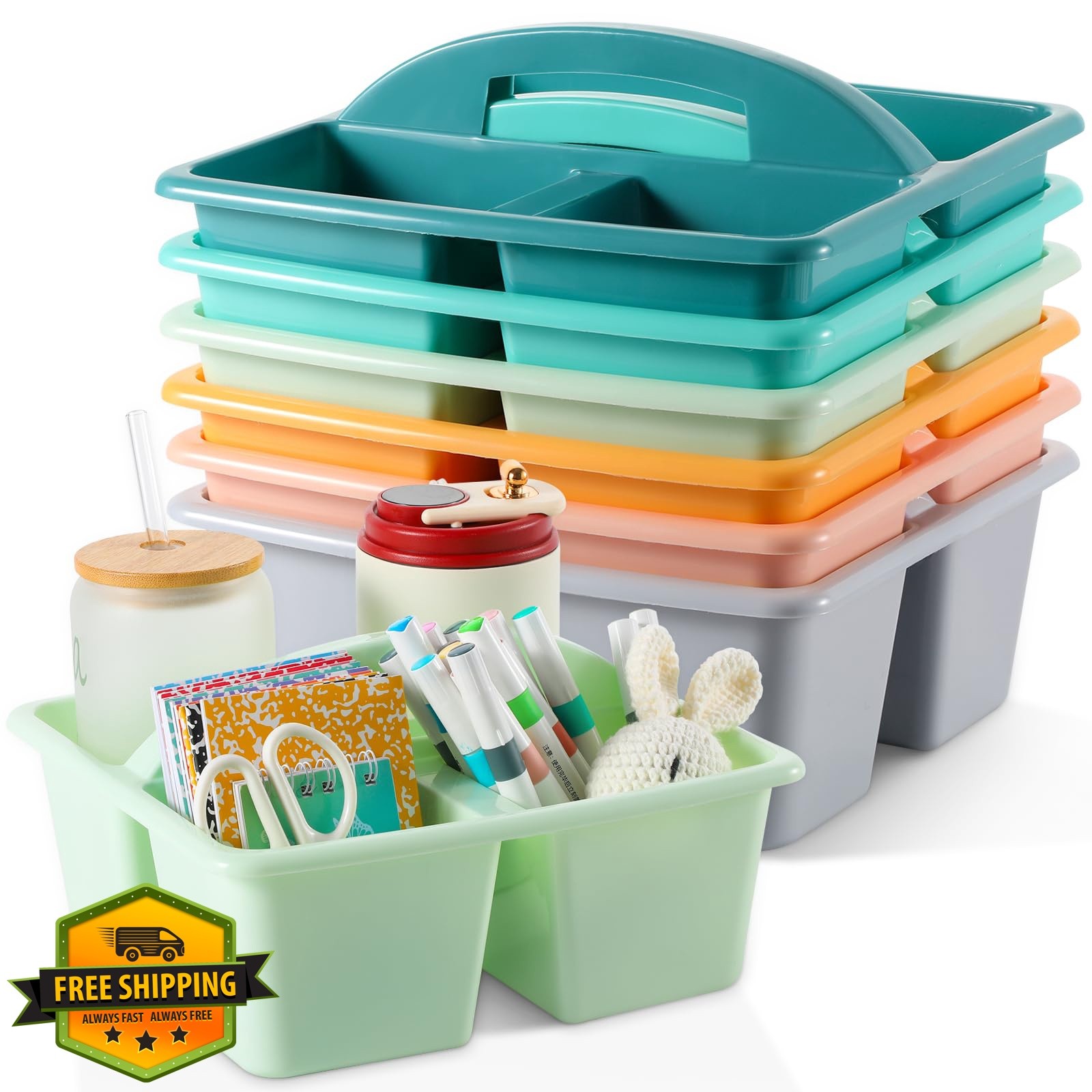 6 Pack 3 Compartment Small Caddy Plastic Classroom Organizer with Handle Port…