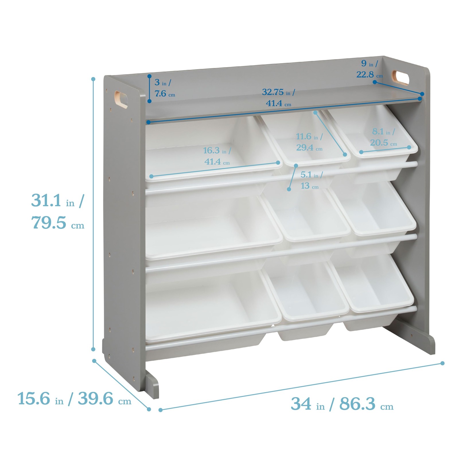 3-Tier Organizer with Shelf and 9 Removable Plastic Bins, 3×3, Toy Storage, G…