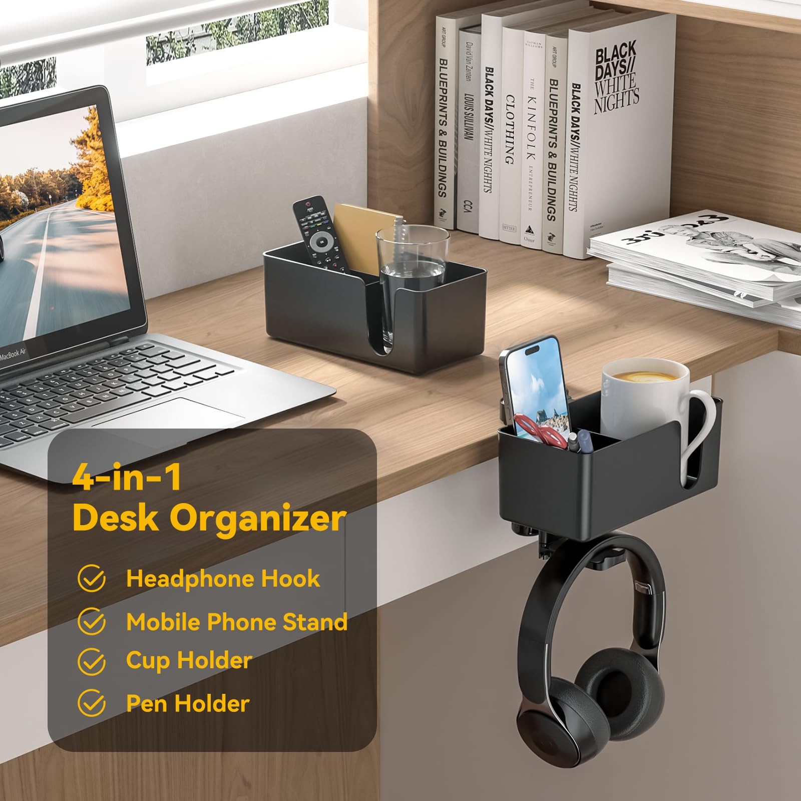4 in 1 Desk Cup Holder – Clamp on Under Desk Headphone Hanger – Rotating Head…