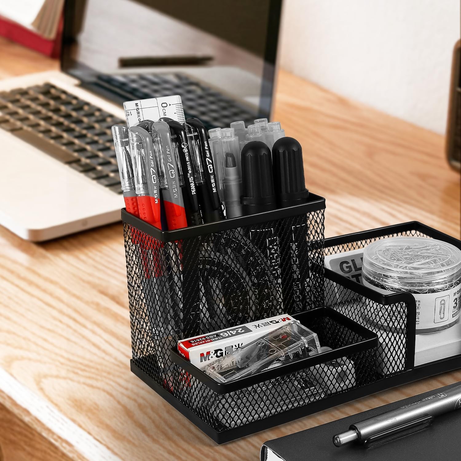 Desk Organizer With Sticky Notes Holder, Metal Mesh Pen Cup Black