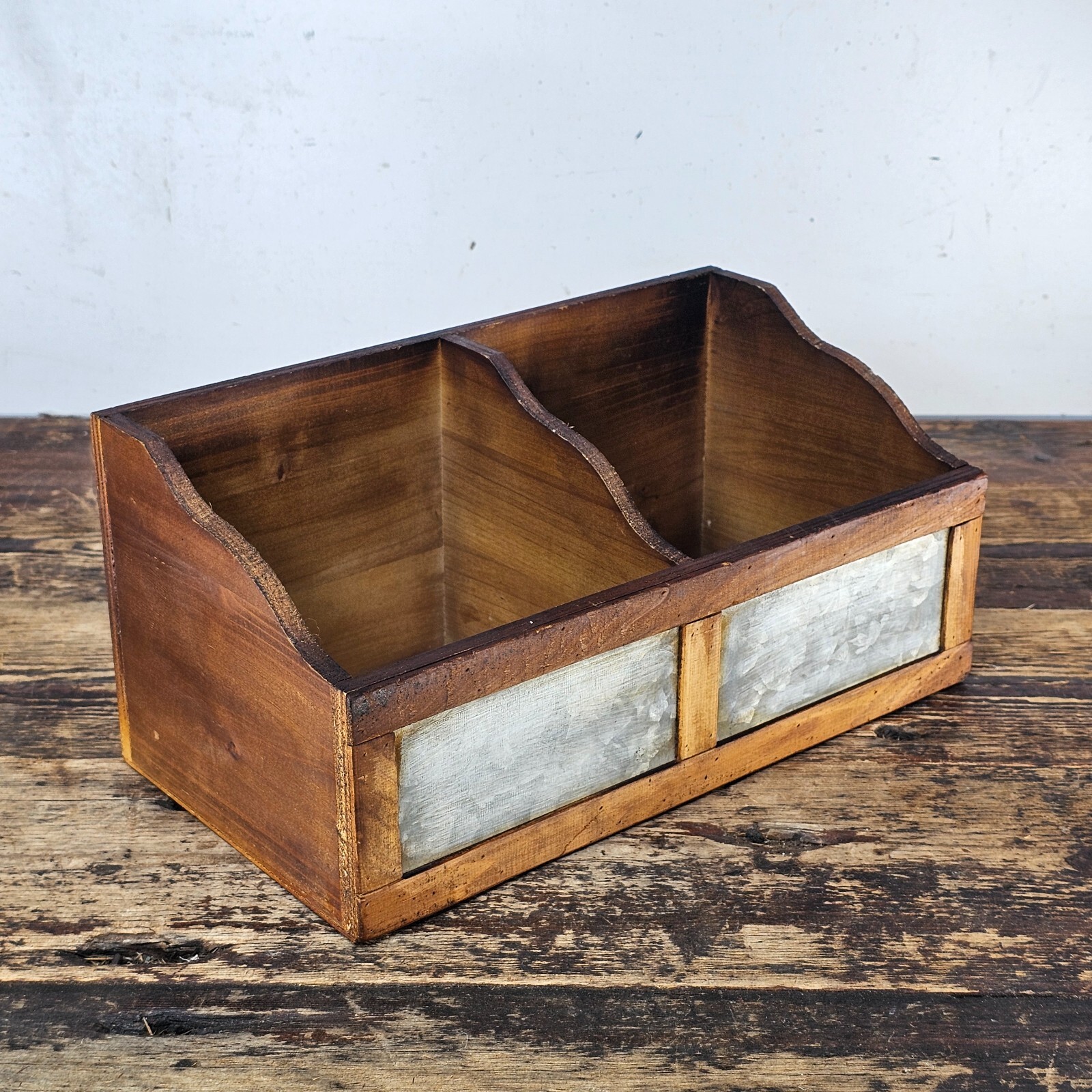 Rustic Wooden Desktop Organizer with Metal Front Panels 11″L x 5.5″D x 6.25″H