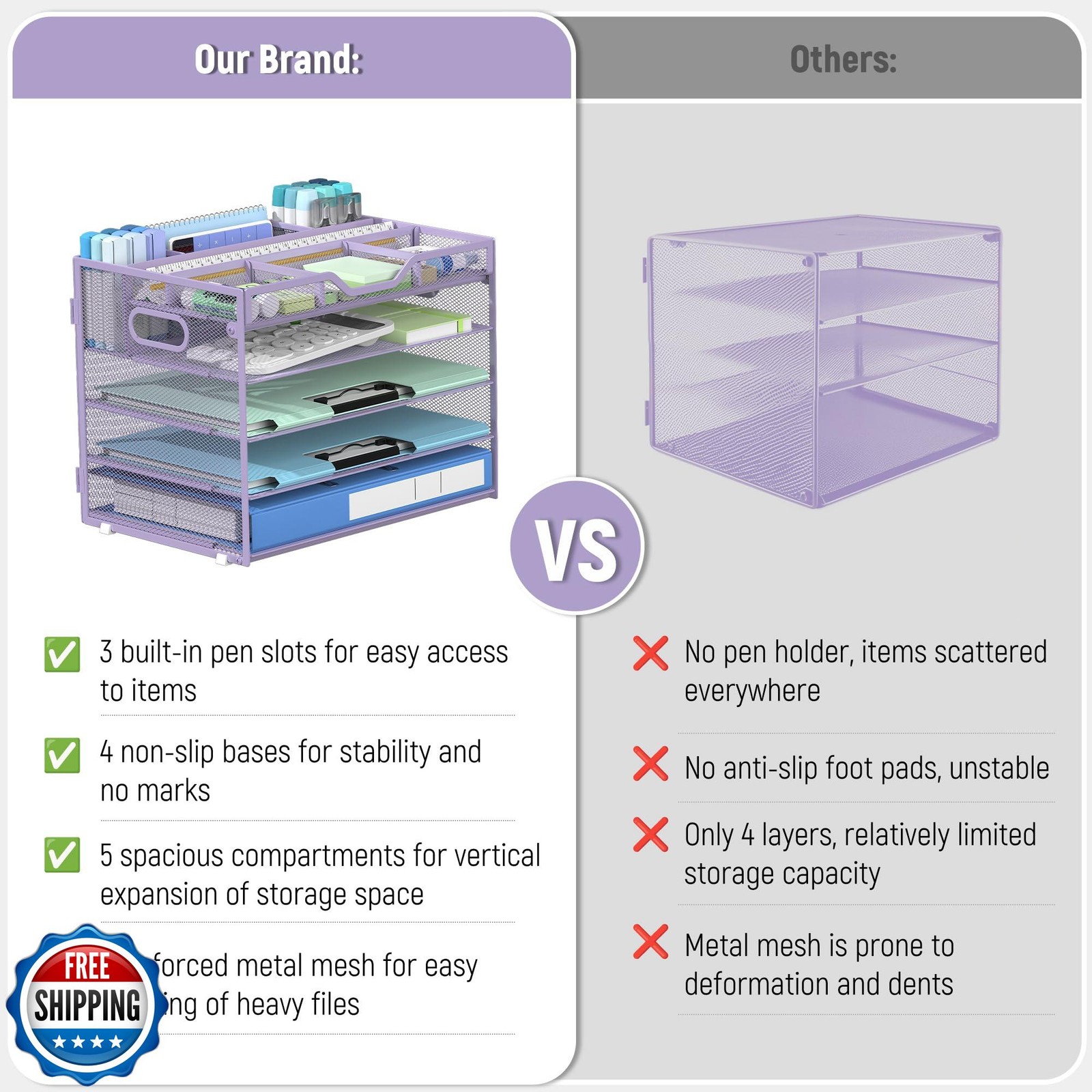 Docnest 5 Tier Mesh Desk Organizer- Letter Tray with Adjustable Compartments,